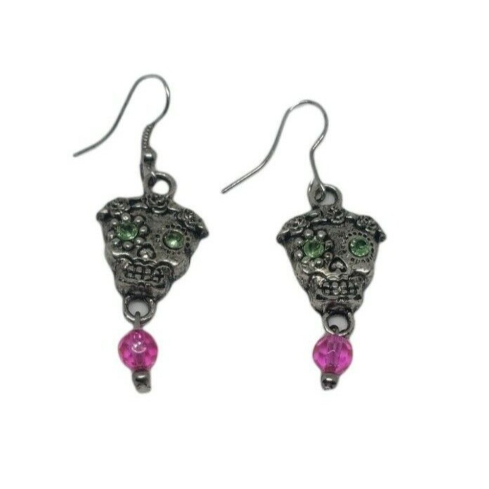 Sugar Skull Earrings Silver Tone French Hook Drop Dangle Day of the Dead